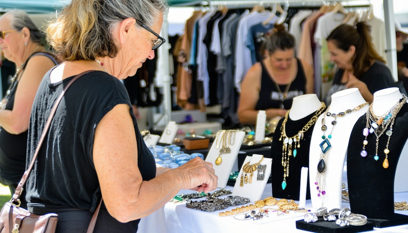 A weekend guest artist showcasing their unique jewelry creations to visitors at The Artisan Market on 2nd.