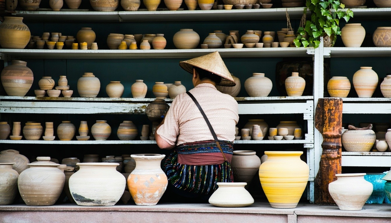 An artist arranging handmade pottery pieces on shelves in their rented space at the market.
